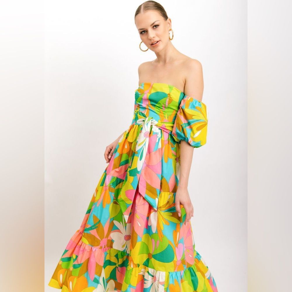 NEW Flora Bea Oly Windmill Puff Sleeves Off The Shoulder Maxi Dress Size S